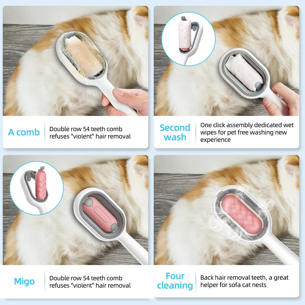 4-in-1 Cat Grooming Brush with Water Tank | Wet Brush & Double-Sided Hair Removal Comb
