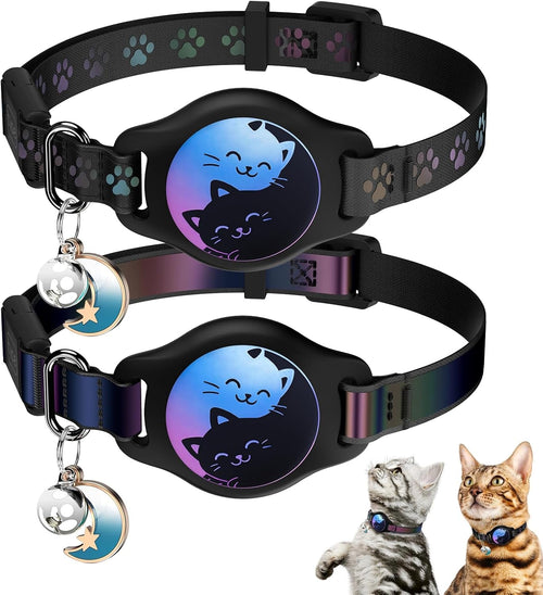 Pet collar with cat design and paw print pattern, featuring a small bell charm.