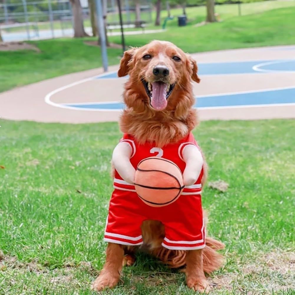 Dog Basketball Costume with Ball | Funny Sports Outfit for Dogs | Red & Yellow | S–L