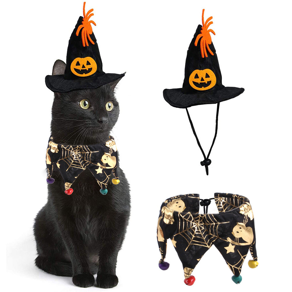 Halloween Pet Hat, Cape & Bib Set | Skull & Spider Web Costume Accessories for Cats & Dogs