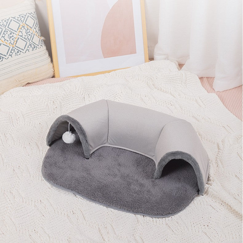 Oval Cat Tunnel Nest with Plush Mat & Hanging Ball | Cozy Cat Cave & Play Toy