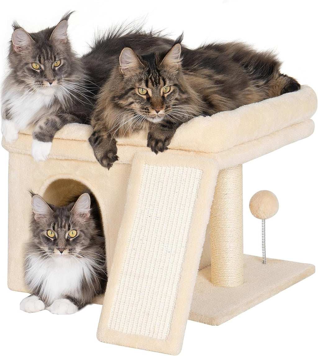 Compact Cat Tree for Large Cats | Indoor Tower with Perch, 2 Condos & Sisal Scratching Post