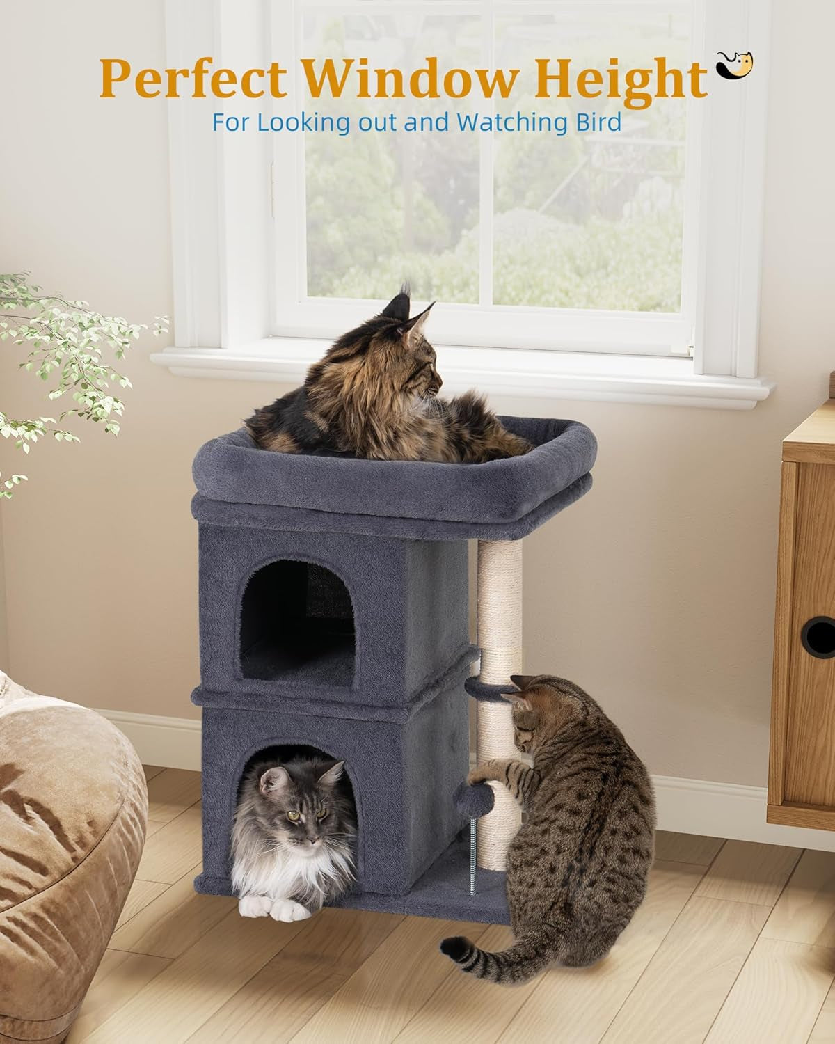 Compact Cat Tree for Large Cats | Indoor Tower with Perch, 2 Condos & Sisal Scratching Post