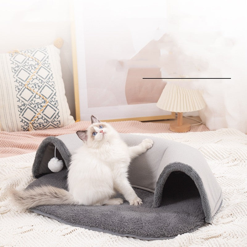 Oval Cat Tunnel Nest with Plush Mat & Hanging Ball | Cozy Cat Cave & Play Toy