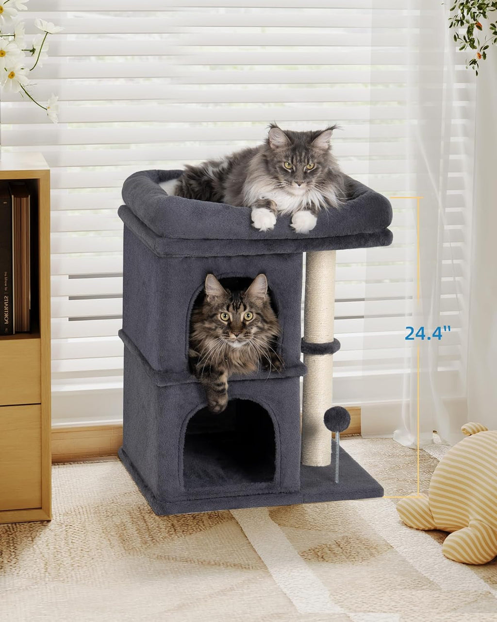 Compact Cat Tree for Large Cats | Indoor Tower with Perch, 2 Condos & Sisal Scratching Post