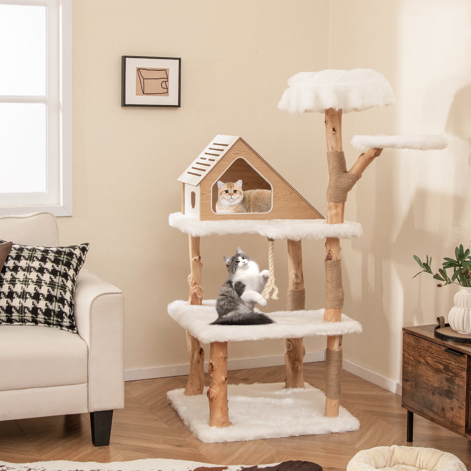 60" Solid Wood Cat Tree | Modern 5-Tier Cat Tower with 2 Perches, Condo & Scratching Posts