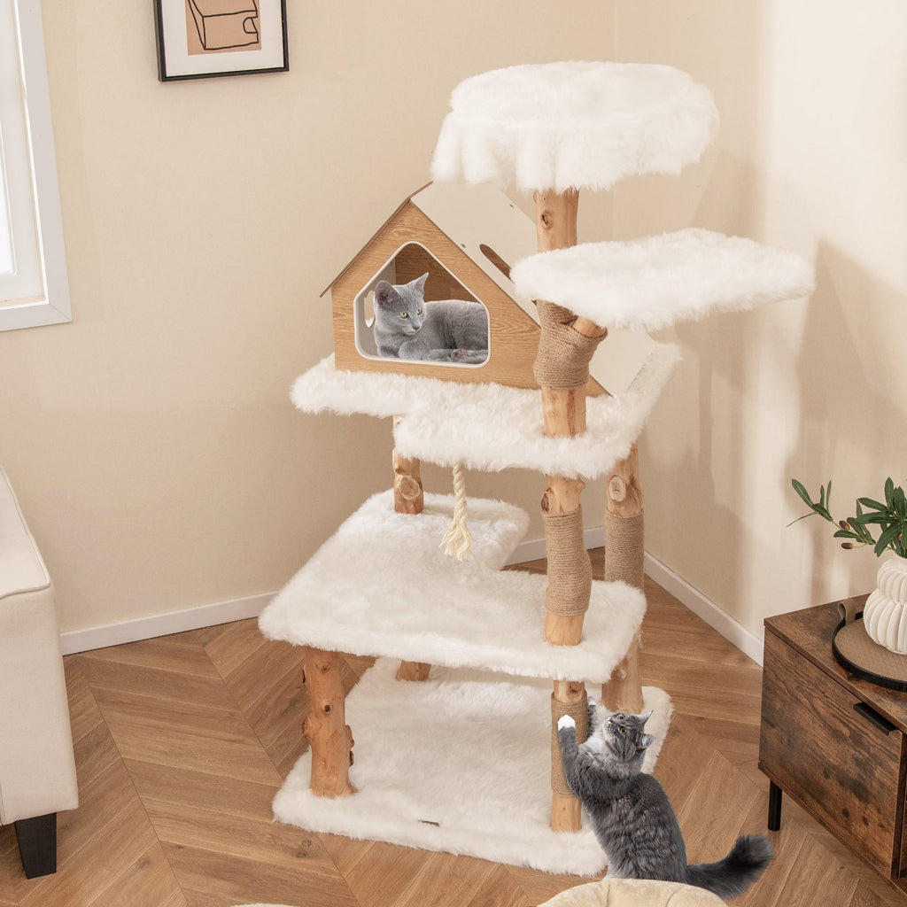 60" Solid Wood Cat Tree | Modern 5-Tier Cat Tower with 2 Perches, Condo & Scratching Posts