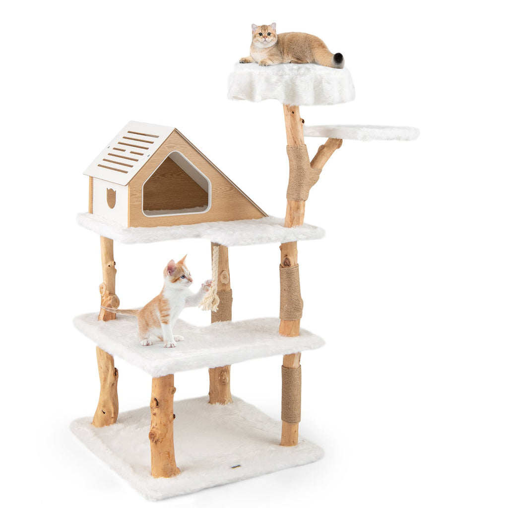 60" Solid Wood Cat Tree | Modern 5-Tier Cat Tower with 2 Perches, Condo & Scratching Posts