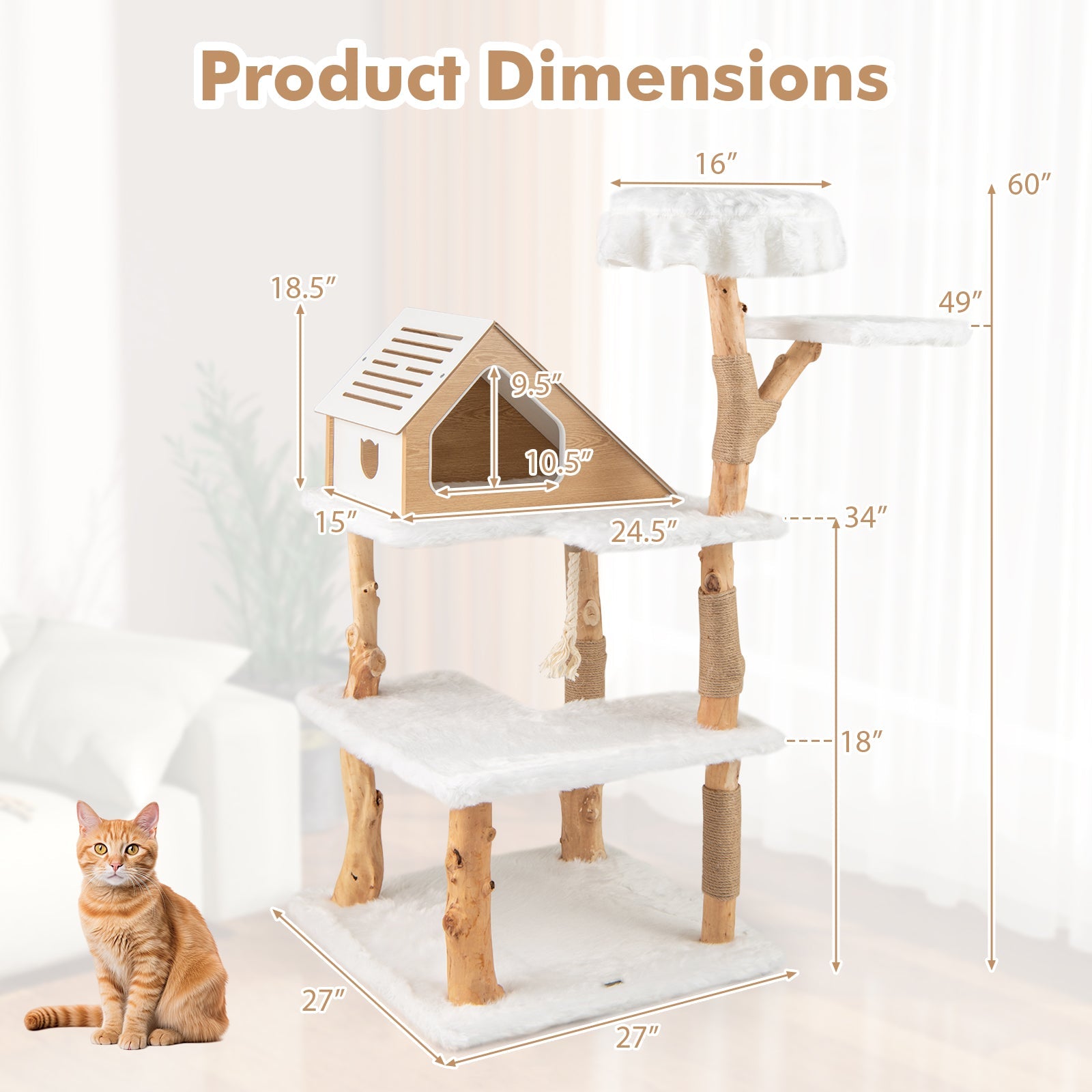 60" Solid Wood Cat Tree | Modern 5-Tier Cat Tower with 2 Perches, Condo & Scratching Posts