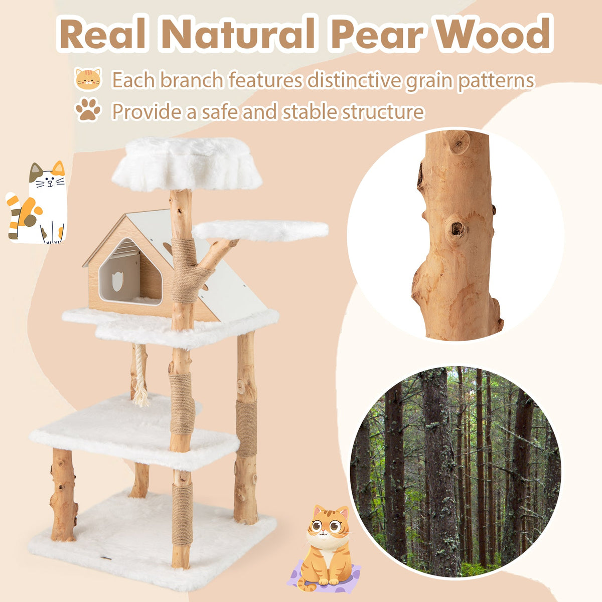 Cat tree with natural pear wood structure, featuring distinct grain patterns and safe stable design.