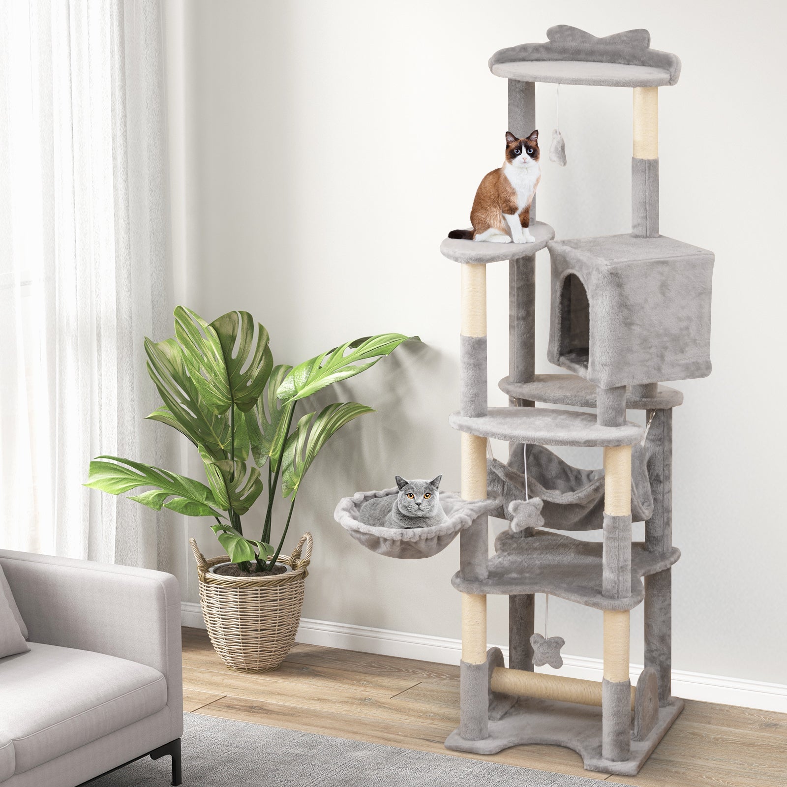 69" Multi-Level Cat Tree | Tower with Perch, Condo, Hammock, Basket Bed & Scratching Posts