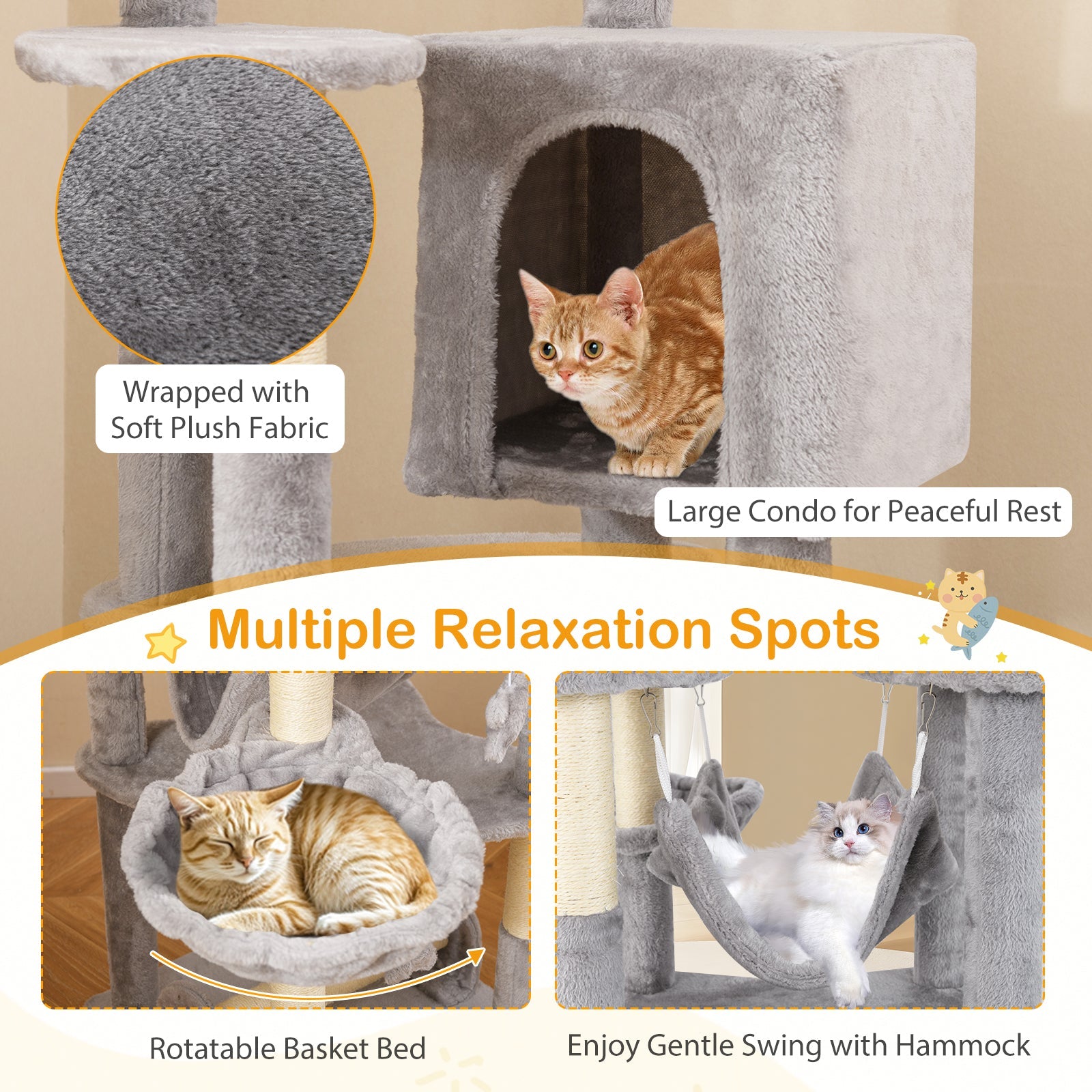 69" Multi-Level Cat Tree | Tower with Perch, Condo, Hammock, Basket Bed & Scratching Posts