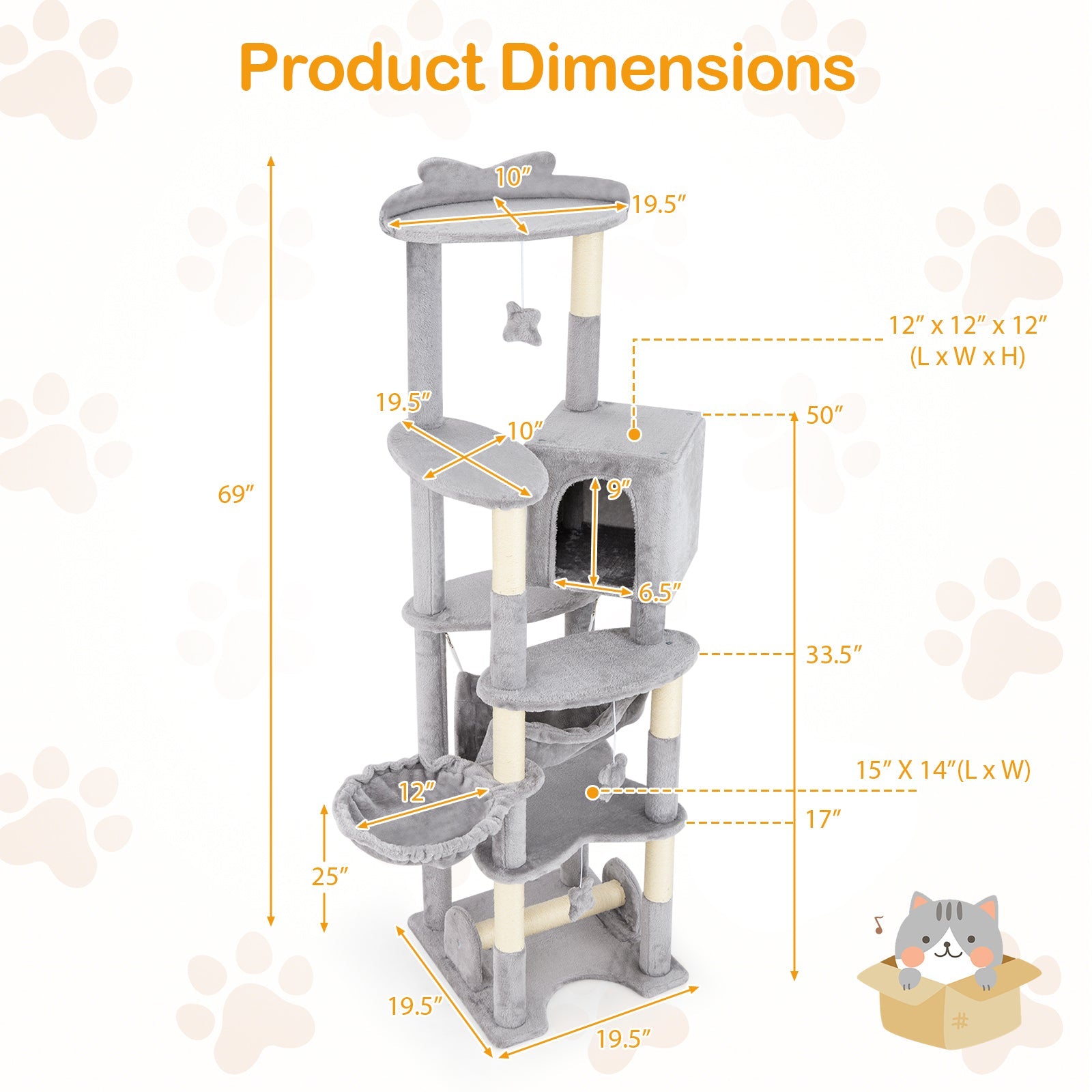 69" Multi-Level Cat Tree | Tower with Perch, Condo, Hammock, Basket Bed & Scratching Posts