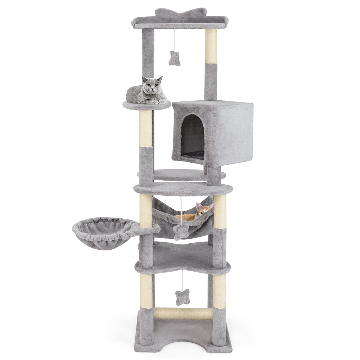 Gray cat tree with multiple levels and a hanging toy on a white background