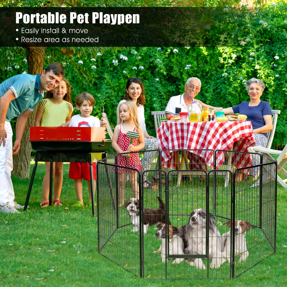 Family outdoors with a portable pet playpen containing dogs, table with food, and people in the background.