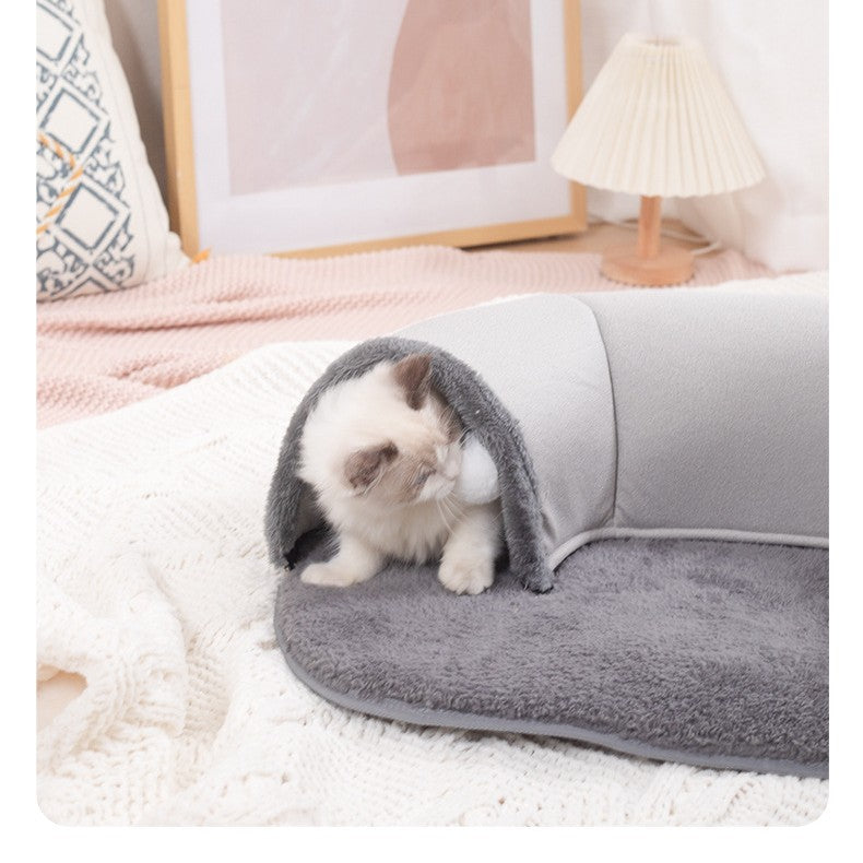 Oval Cat Tunnel Nest with Plush Mat & Hanging Ball | Cozy Cat Cave & Play Toy