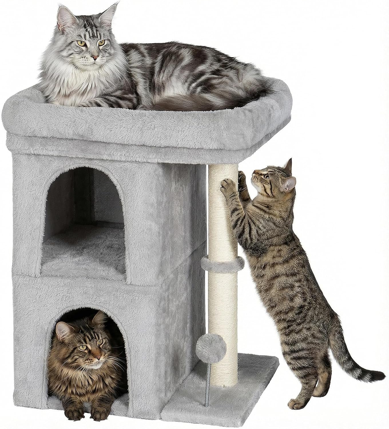 Compact Cat Tree for Large Cats | Indoor Tower with Perch, 2 Condos & Sisal Scratching Post