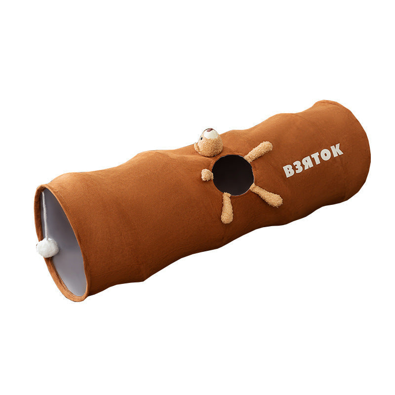 Foldable Cartoon Bear Cat Tunnel | Straight Play Tube Toy for Cats – Small & Large