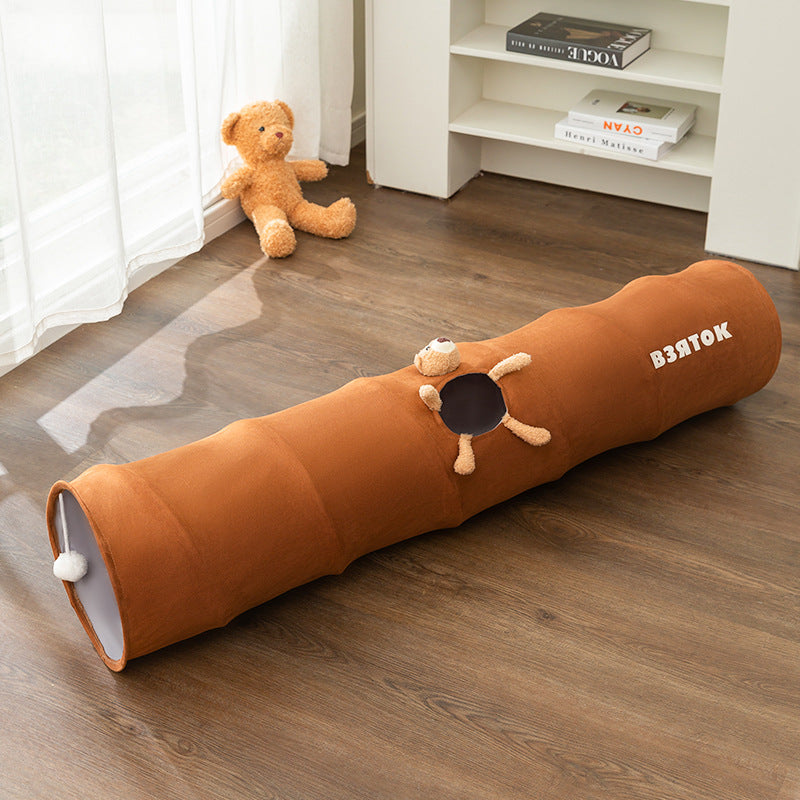 Foldable Cartoon Bear Cat Tunnel | Straight Play Tube Toy for Cats – Small & Large
