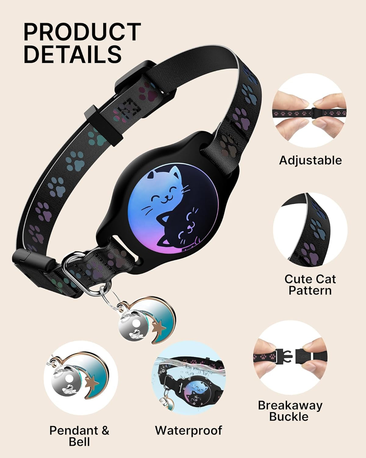 Cat collar with adjustable design, cute cat pattern, pendant & bell, waterproof feature, and breakaway buckle on a beige background.