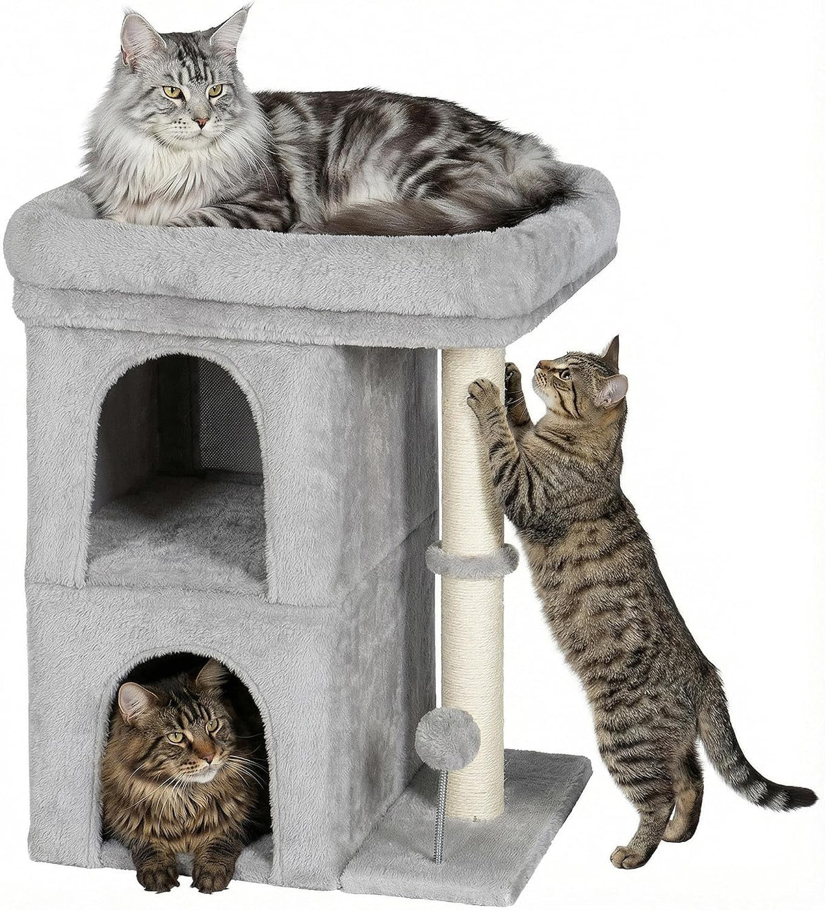 Gray cat tree with three cats on a white background