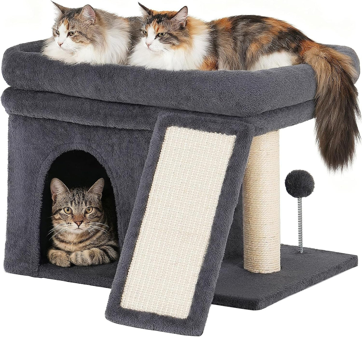 Cat tree with three cats on a white background
