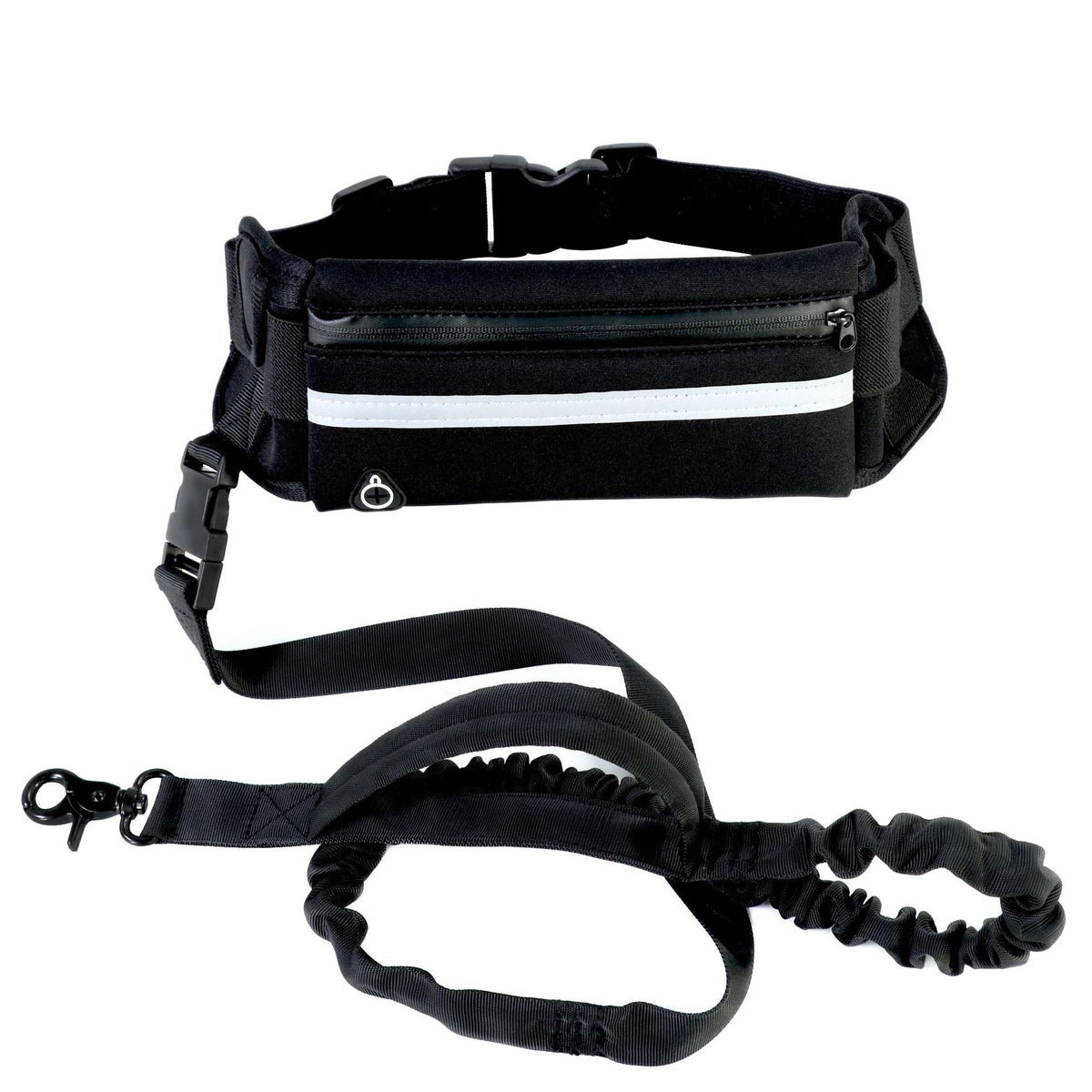 Black waist bag with reflective strip and bungee leash on a white background