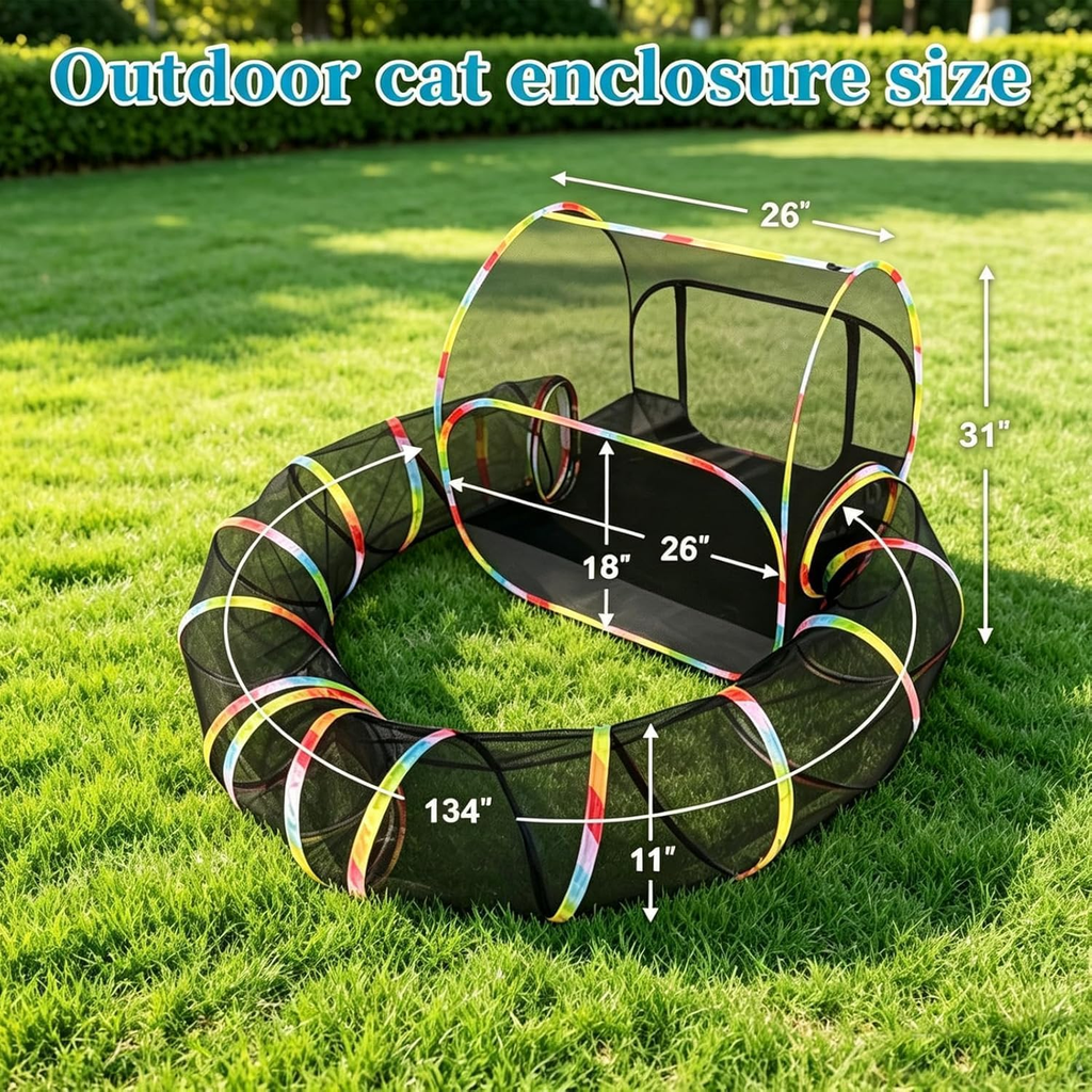 Pop-Up Outdoor Cat Enclosure with 134" Tunnel | Portable Cat Playpen for Backyard, Patio & Travel