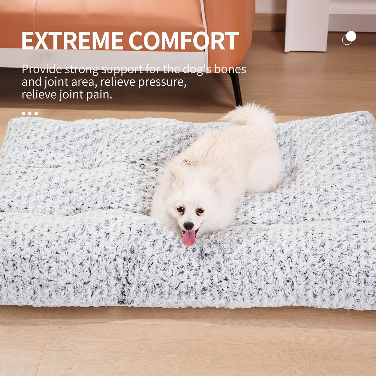 White dog lying on a textured mat with 'EXTREME COMFORT' text and description.