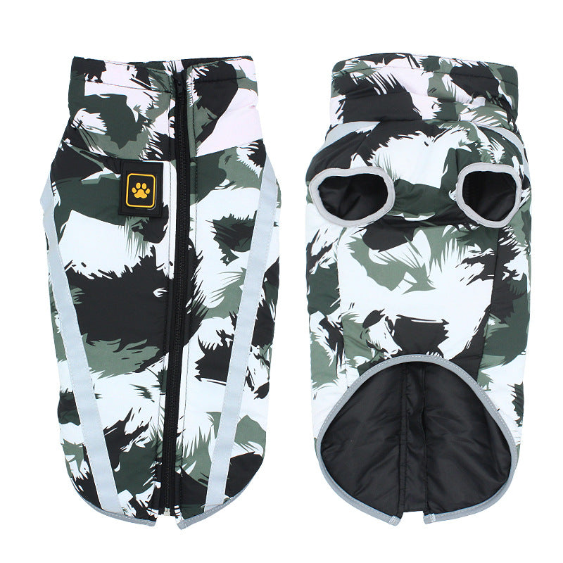 Camouflage-patterned dog coat with a visible brand logo on a white background