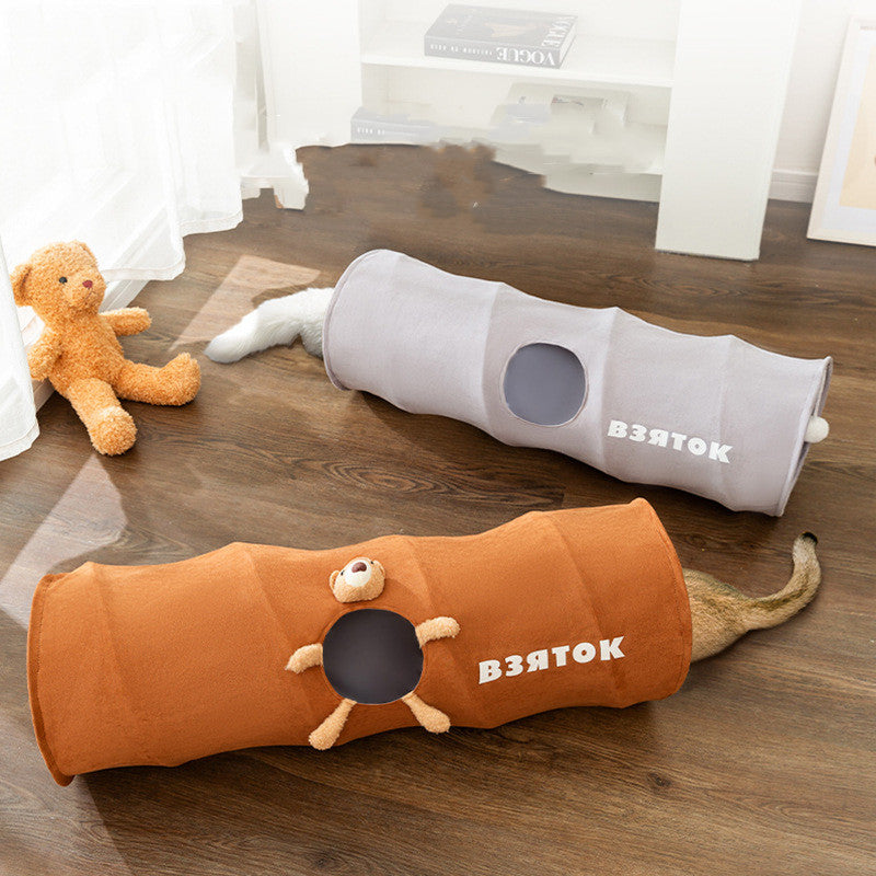 Foldable Cartoon Bear Cat Tunnel | Straight Play Tube Toy for Cats – Small & Large