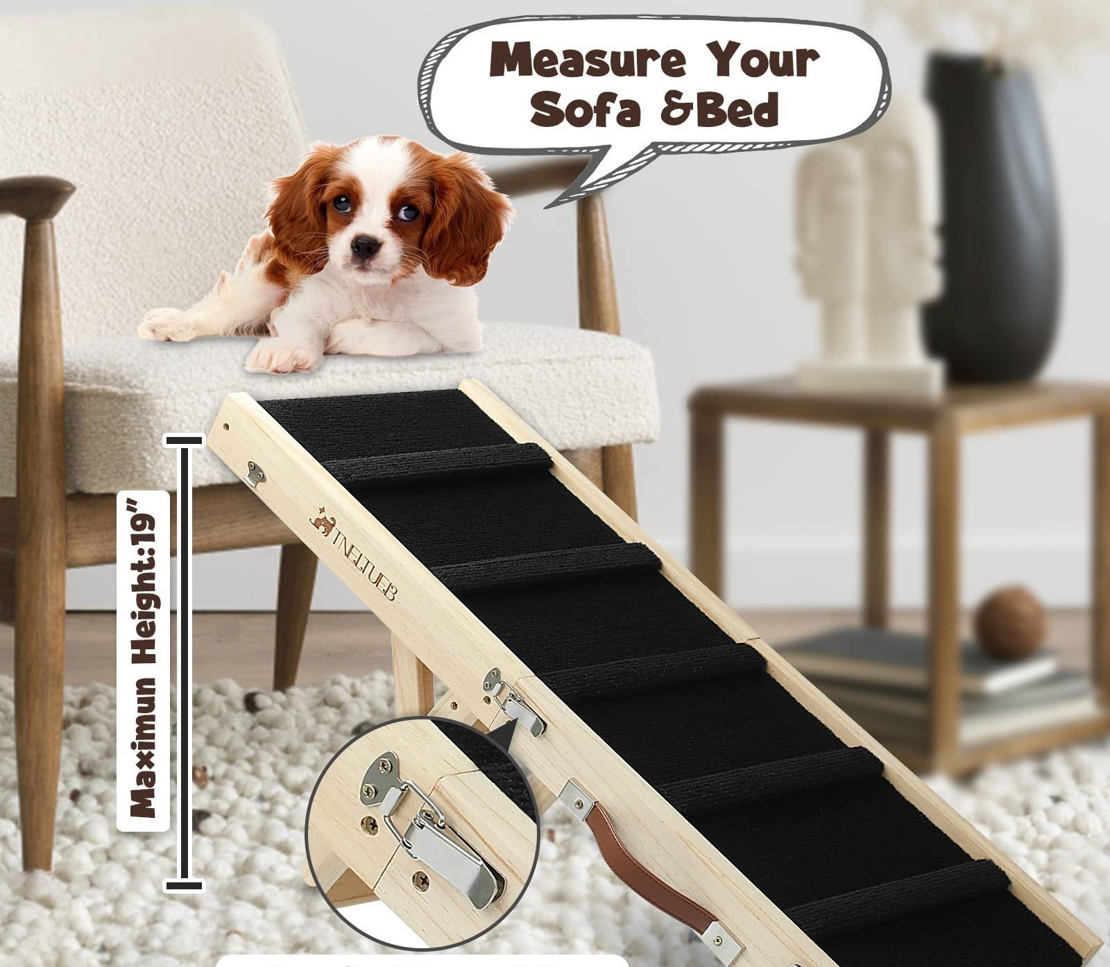 Wooden Foldable Dog Ramp | Adjustable Non-Slip Pet Ladder for Bed, Sofa & Car