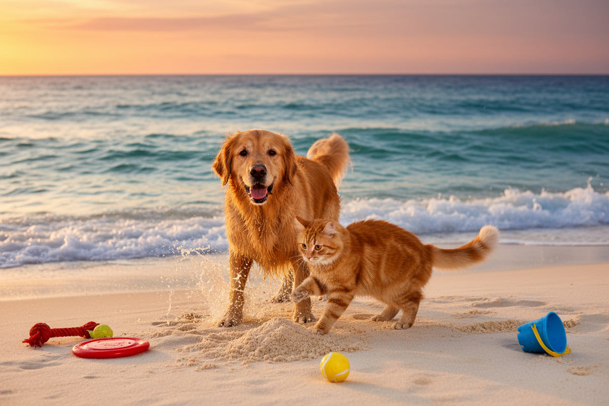 A golden retriever dog and an orange tabby cat play together on a sandy beach at sunset, with ocean waves behind them and colorful toy balls and a bucket scattered nearby.